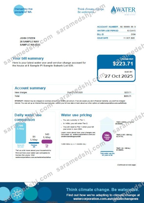 Australia Water Corporation utility bill template in Word and PDF formats